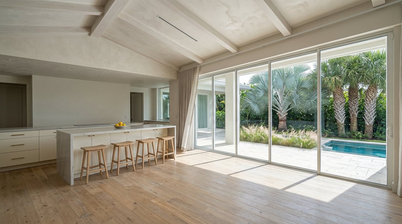 Open-plan great room with vaulted wood beams, a quartz island, and glass doors overlooking palms and a turquoise pool.