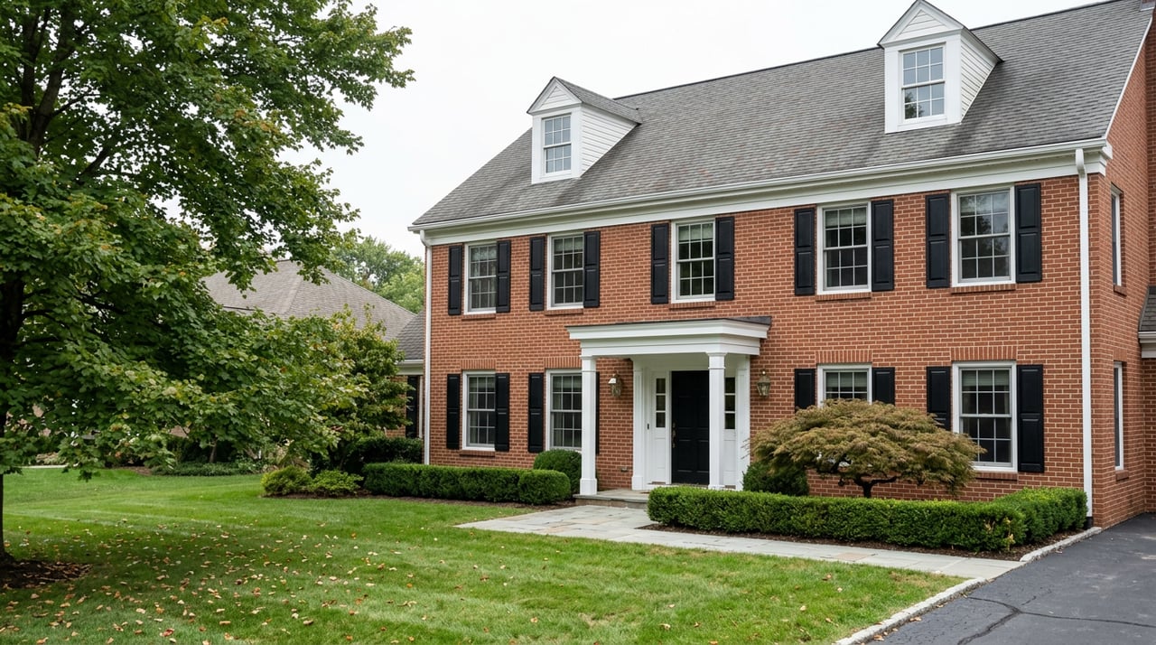 Two-story red-brick Colonial with white portico, black door, broad lawn, and mature maple canopy.