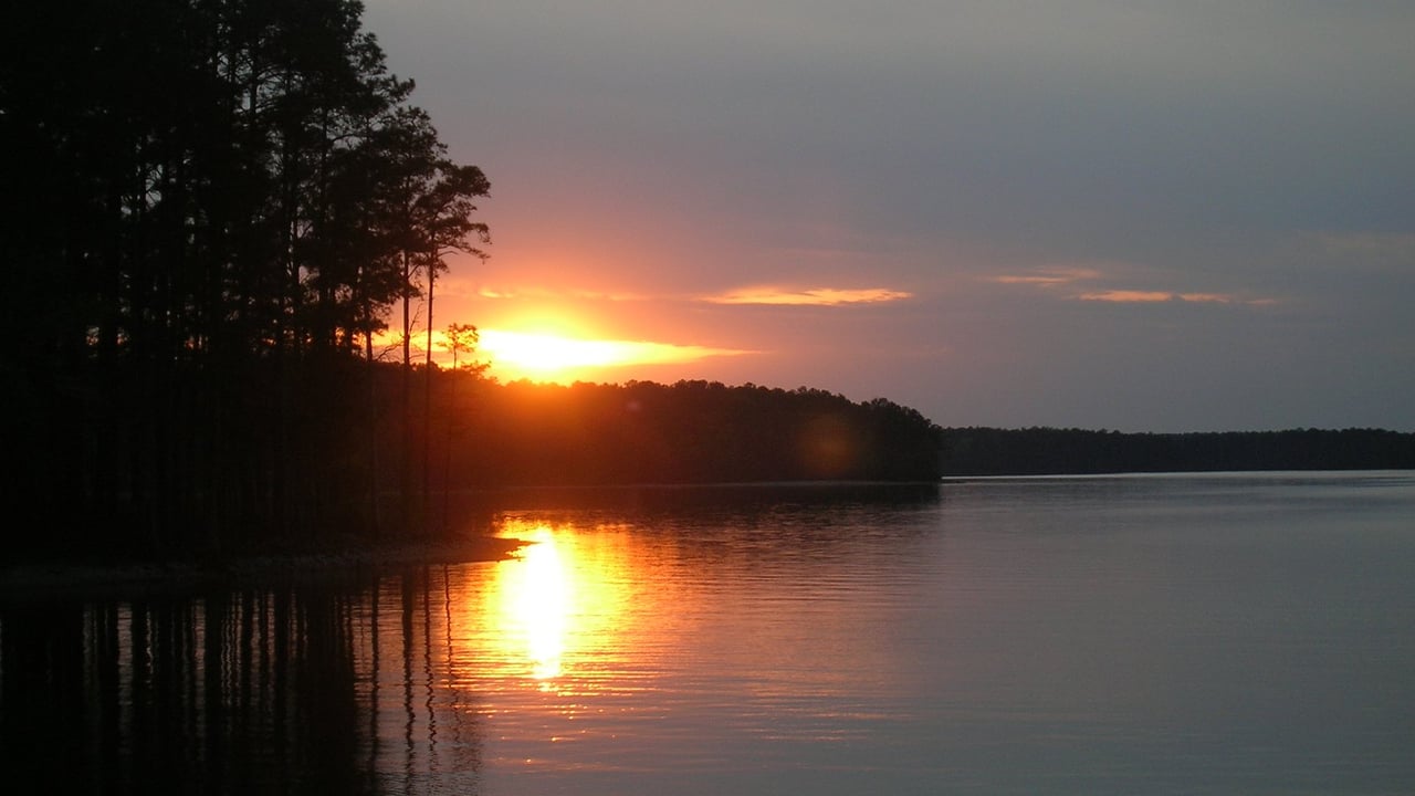 Sunset over Clarks Hill Lake (J. Strom Thurmond Lake) with a pine-lined shoreline reflected in calm water, the lake that borders north Evans and Appling in Columbia County.