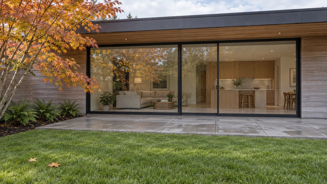 Cedar-clad contemporary home with broad glass doors, a shallow concrete terrace and an autumn vine maple beside a deep lawn.
