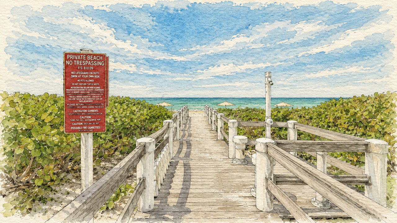Beach boardwalk crossing coastal dunes toward the ocean, with a private beach sign.
