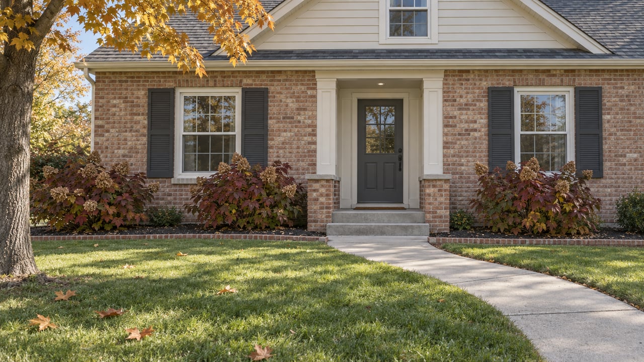 Autumn sunlight on a brick-and-siding home with paired dark shutters, a curved concrete front walk, and burgundy oakleaf hydrangeas.