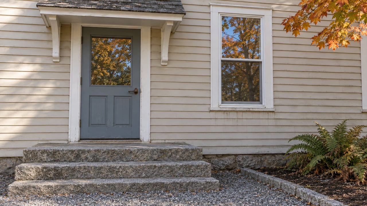 Autumn light on a beige clapboard home's gray-blue entry door, white-trimmed window and worn granite steps, with orange sugar maple leaves at the frame edge.