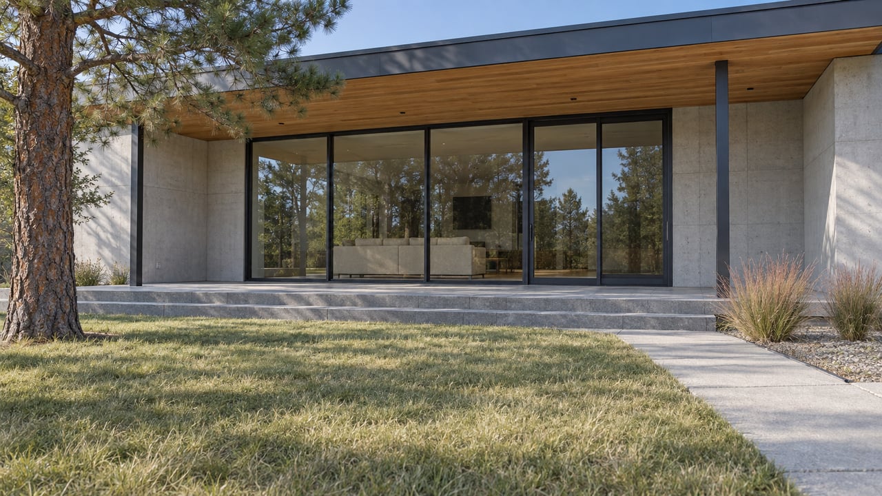 Contemporary home with cedar soffits, dark-framed glass, a stone entry terrace, and an autumn lawn beside a mature ponderosa pine.