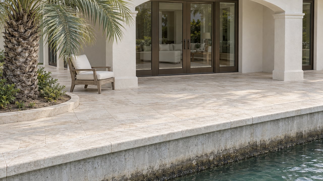 Pale stucco waterfront home with an arched porch, closed glass doors, limestone terrace, teak chair and a seawall above green-blue water.