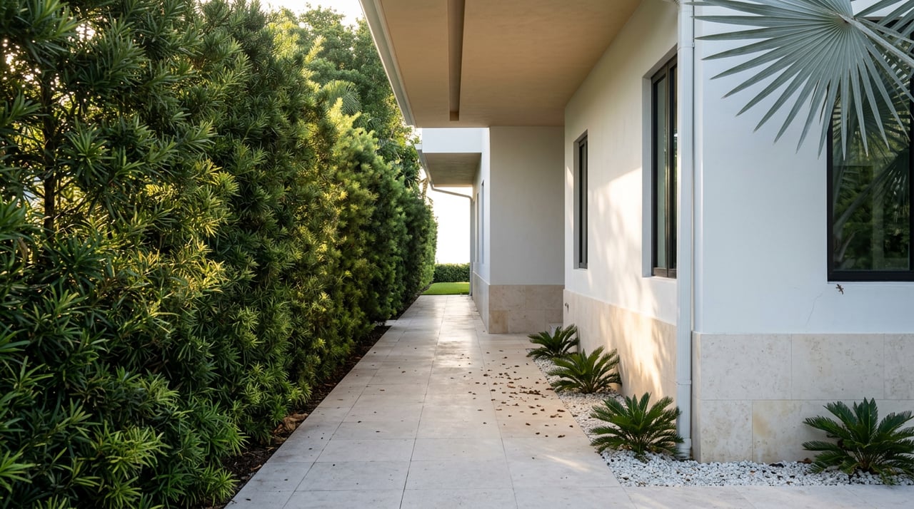 Limestone walkway between a white stucco house and clipped hedge, with a gecko near a window.