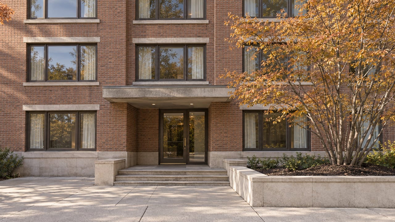 Russet-brick condominium facade with bronze-framed windows, a recessed glass entrance, worn limestone steps and an amber-leaved serviceberry in a raised stone planter.
