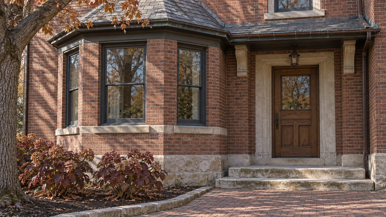 Autumn light on a russet brick house with limestone steps, a recessed oak entrance and a projecting window bay.