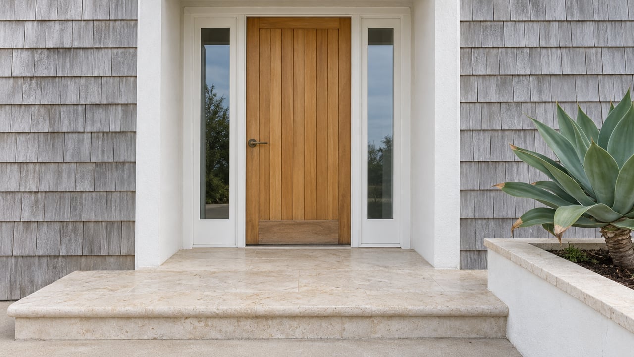 Close view of a cedar front door with paired glass sidelights, weathered gray shingles, a limestone step and one sculptural agave.