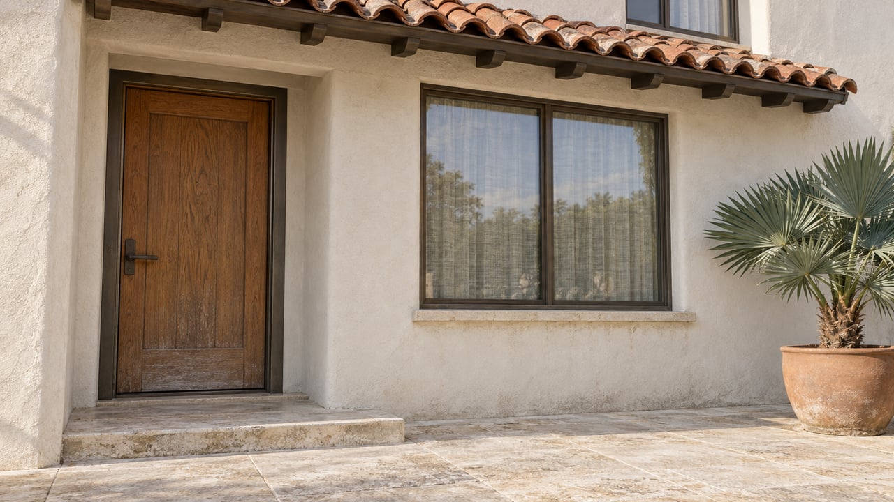 Ivory stucco home entrance with an oak door, bronze-framed window, clay-tile eave and a sculptural fan aloe in a terracotta vessel.
