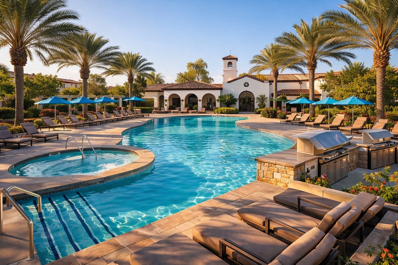 Resort-style HOA community pool with spa, lounge chairs, palm trees, and Spanish Colonial clubhouse at Marina Hills in Laguna Niguel CA