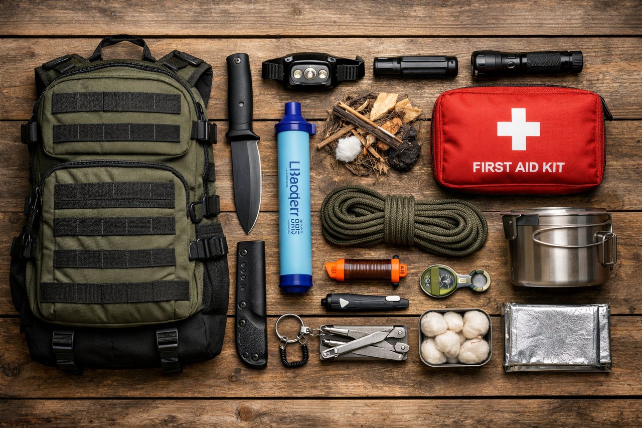 Essential survival gear laid out on a wooden table including a tactical backpack, survival knife, water filter, headlamp, flashlight, first aid kit, paracord, cooking pot, multi-tool, and fire-starting materials.
