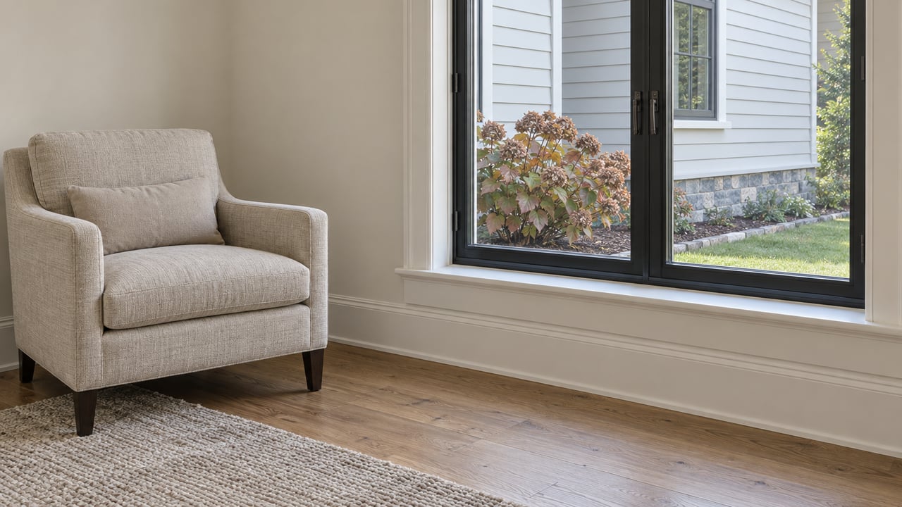 An oatmeal linen armchair beside a dark-framed window in a cream-painted room with oak floors, overlooking a planted side yard.