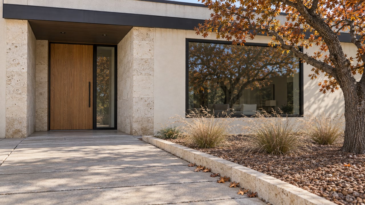 Autumn oak beside a contemporary home's sheltered oak entrance, pale limestone pier and black-framed window, with edged concrete paving.