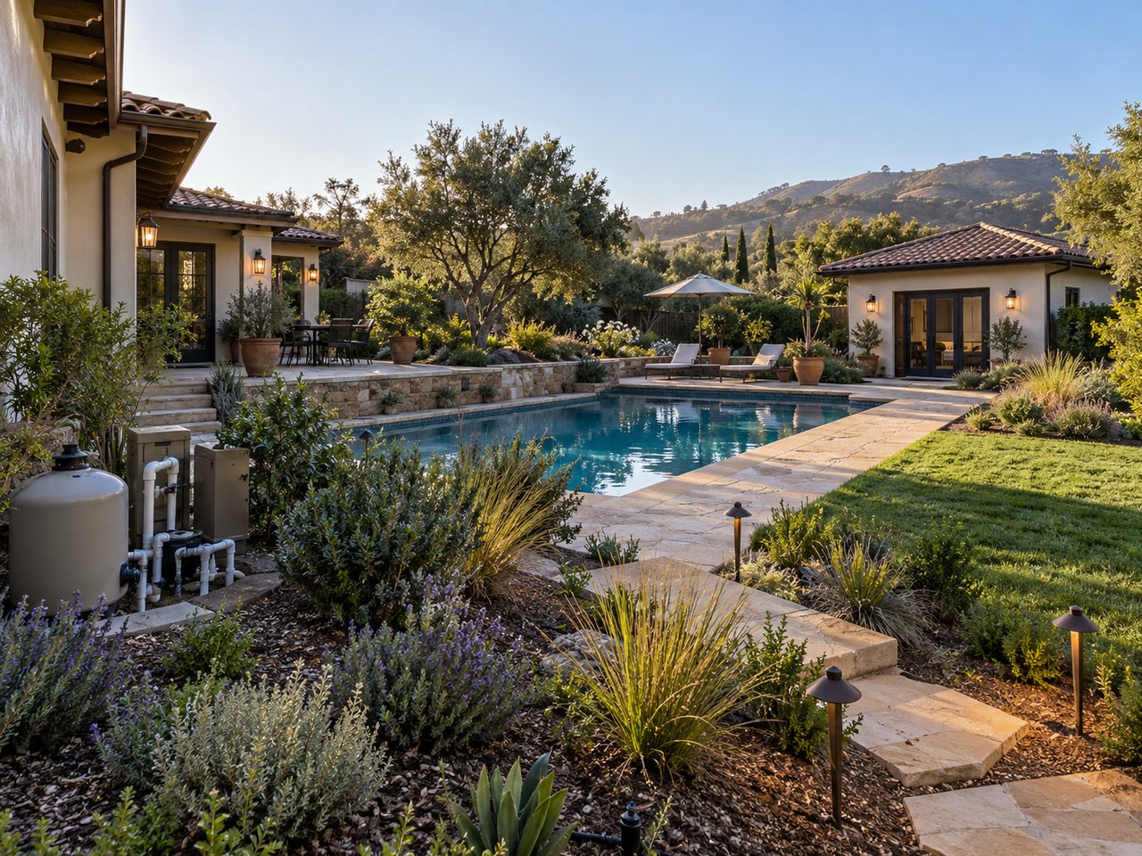 A Central Coast home shows several property features that create ongoing ownership expenses, including irrigation, a pool, and a detached conditioned structure.