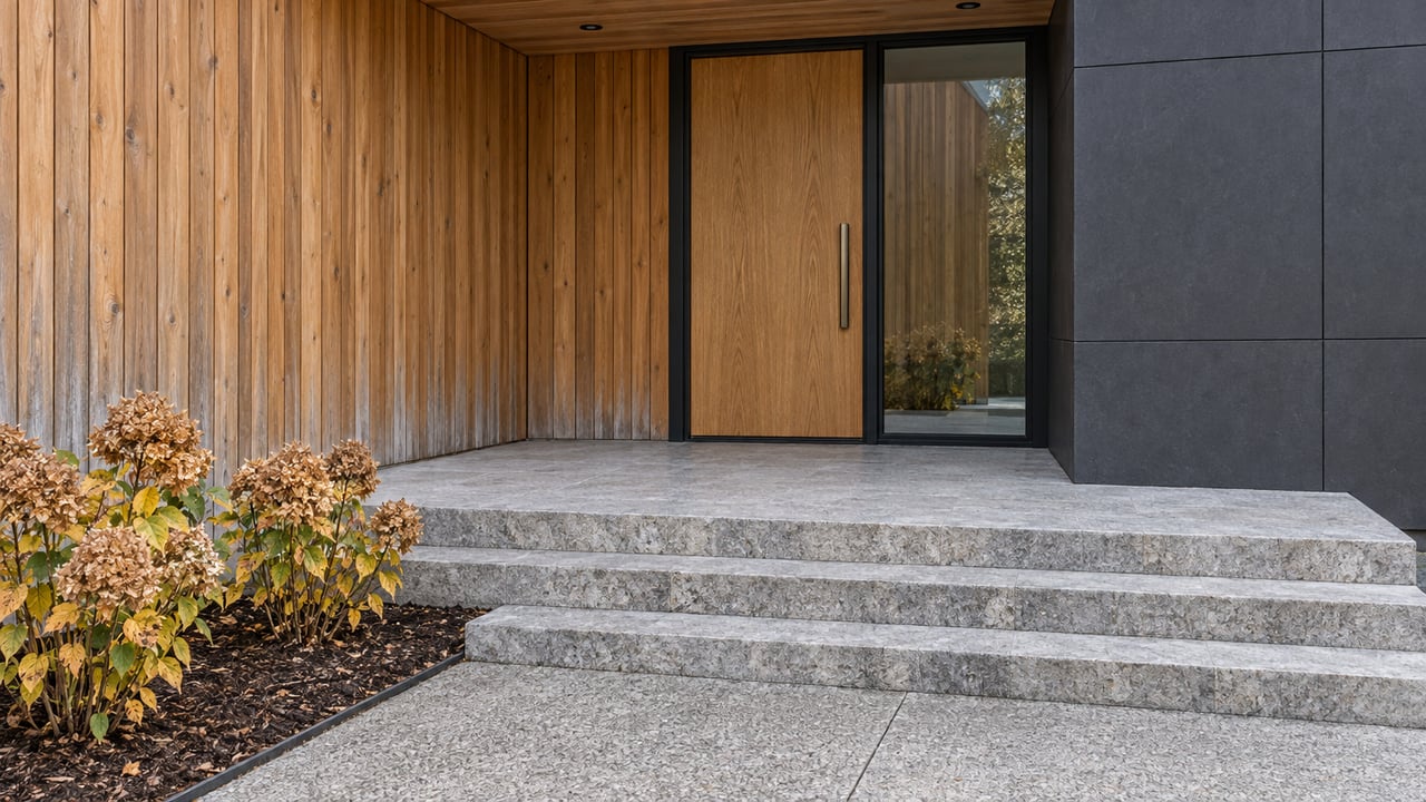 Cedar-clad home entrance with a closed oak door, tall sidelight, pale limestone steps and dried hydrangea flowers.