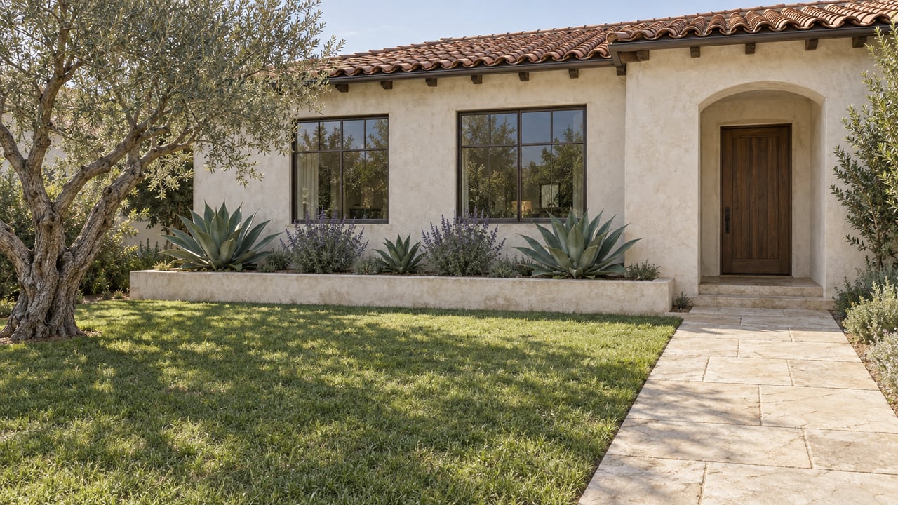 A lime-stucco home with a clay tile roof, bronze-framed windows and a recessed walnut door beyond a deep lawn and limestone walk.