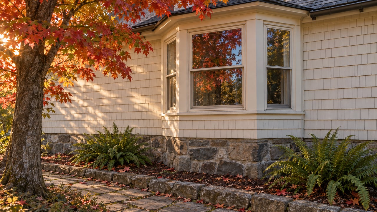 Cream-shingled home with a three-window bay beneath a copper-red maple, beside a stone path.