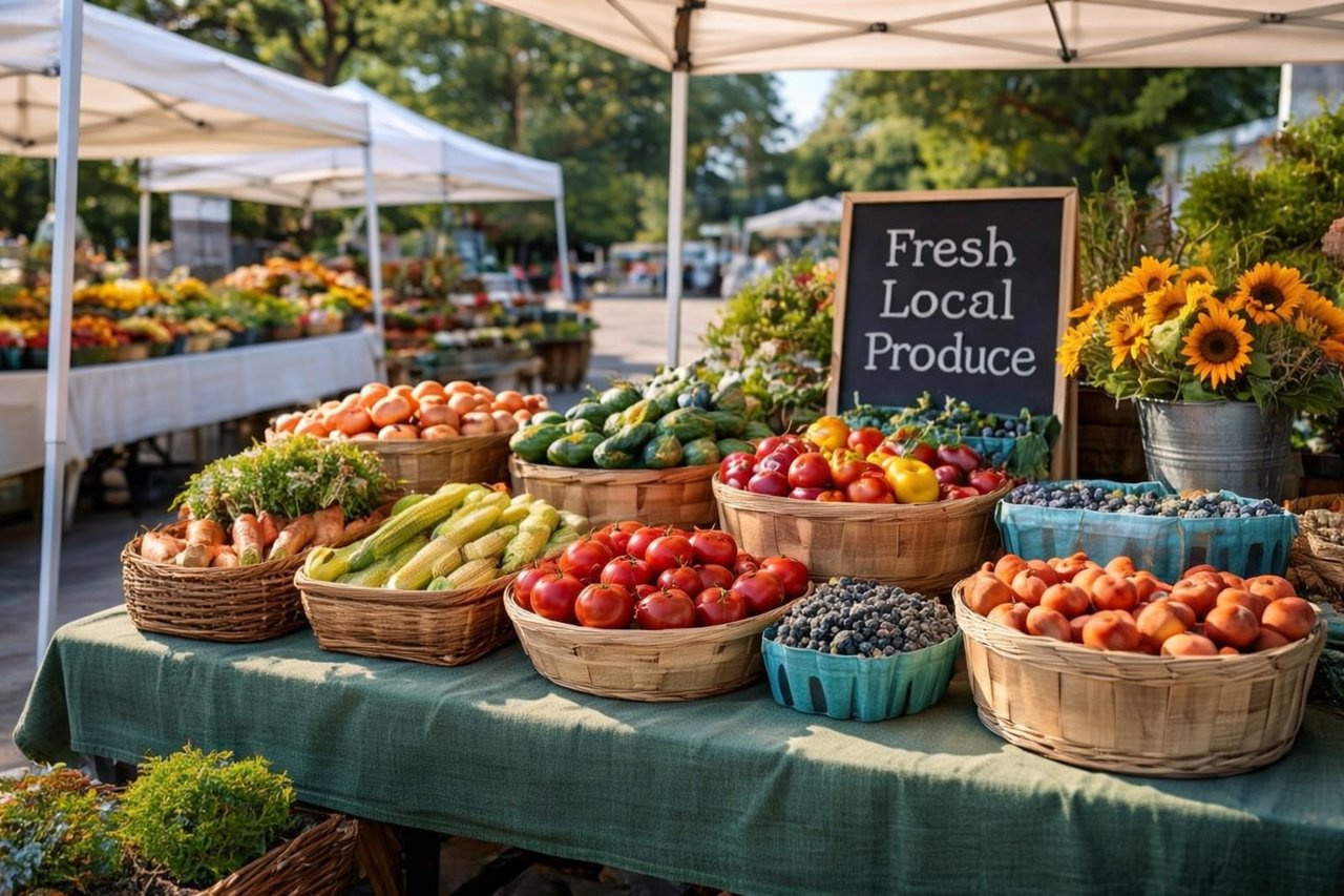 Farmers market at Good Ground Park in Hampton Bays with local vendors and produce stands