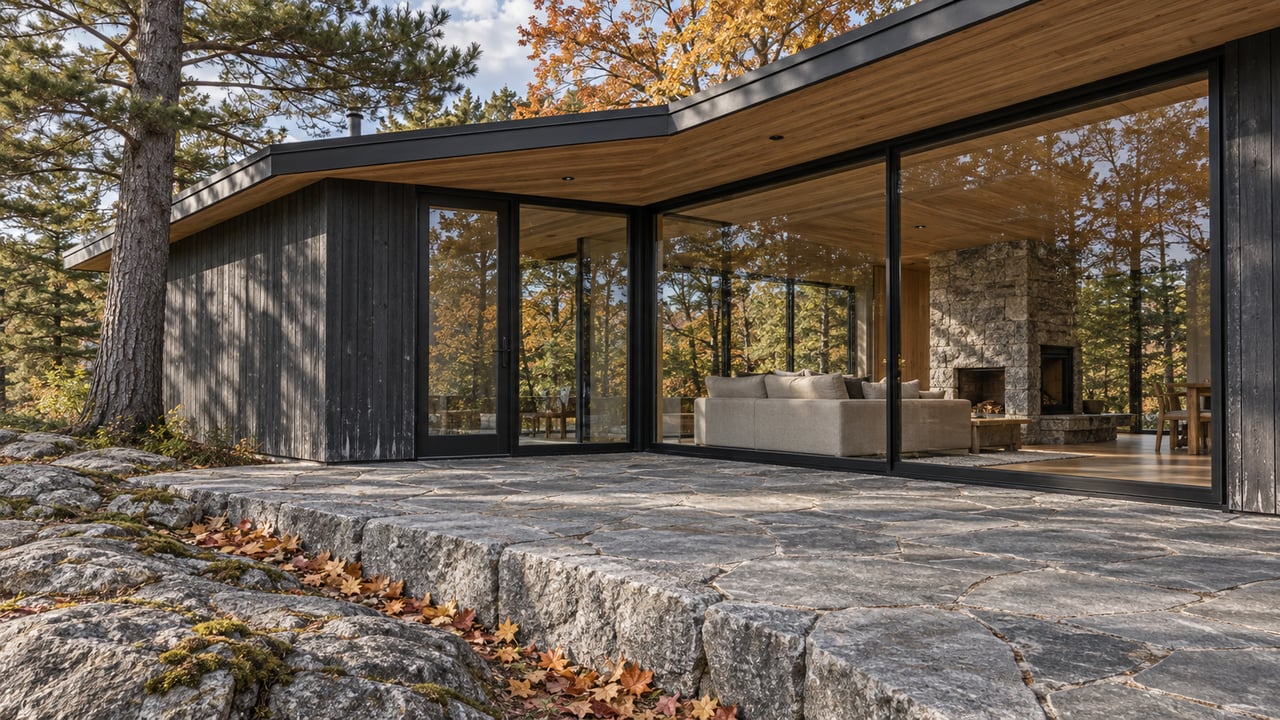 Contemporary timber cottage with corner glazing and a granite terrace beneath pine and golden maple crowns.