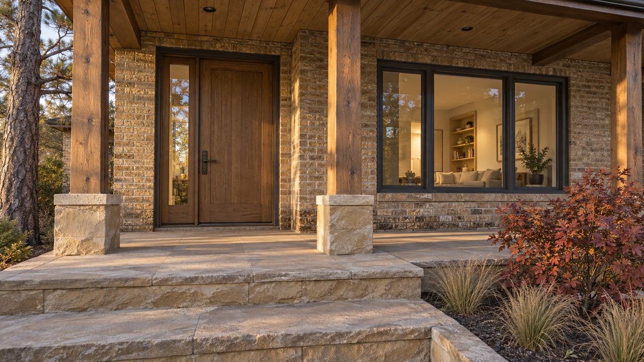 Warm brick home with a timber porch, oak front door, sandstone steps and autumn planting in evening light.