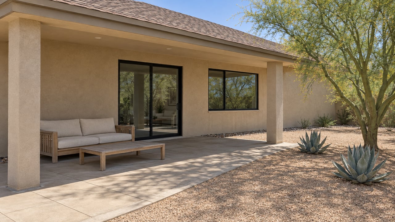 Covered rear patio of a tan stucco home with teak seating, closed glass doors, and a palo verde beside two sculptural agaves.