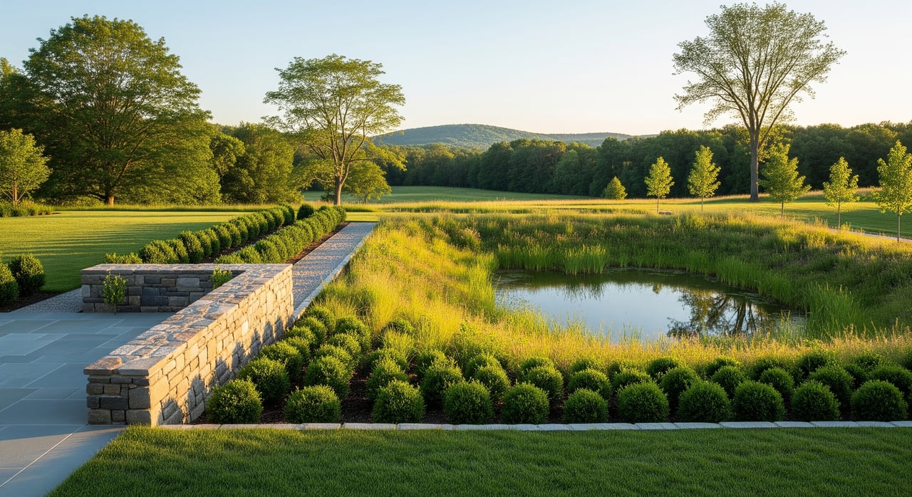 Stone walkway borders a landscaped pond, with clipped shrubs, tall grasses, trees, and distant hills.