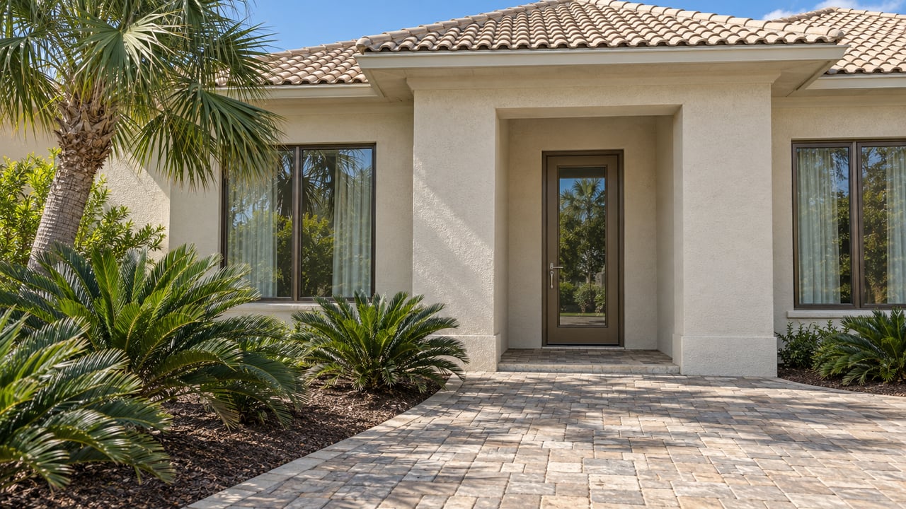 Cream stucco home with a barrel-tile roof, bronze-framed entry glazing, sand-colored pavers and a sculptural fan palm.