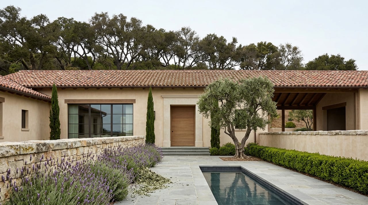 Hillside residence courtyard with terracotta roof, olive tree, reflecting pool, and lavender-lined limestone wall.