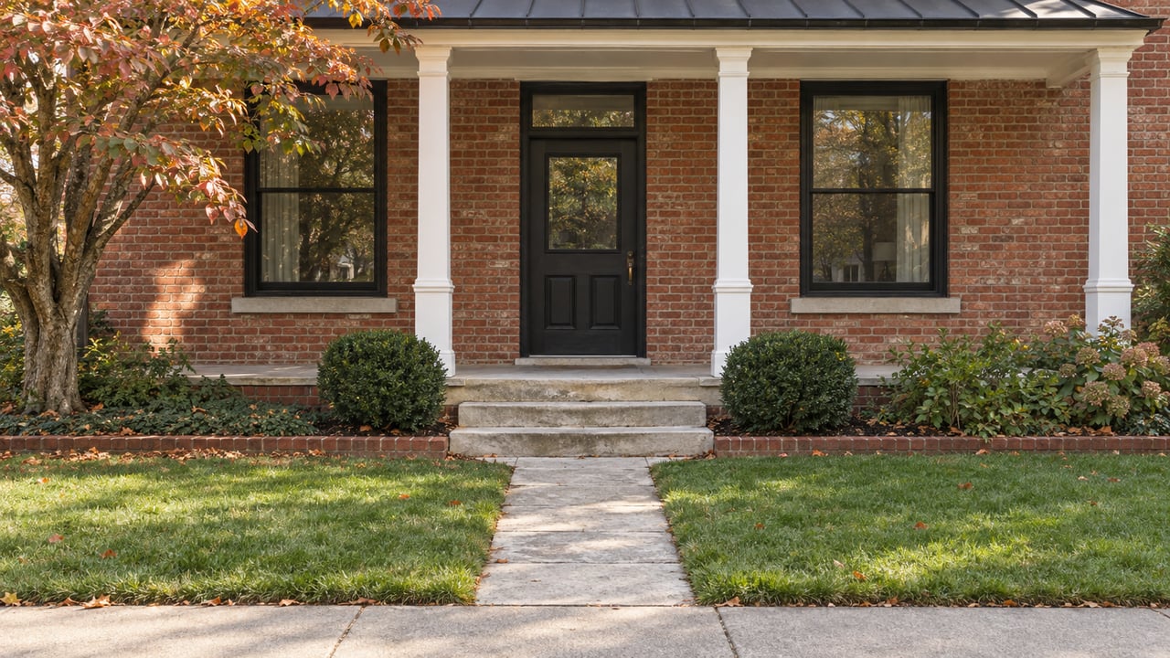 Brick house with a black front door, limestone steps, clipped boxwoods, and a narrow lawn beside the sidewalk.