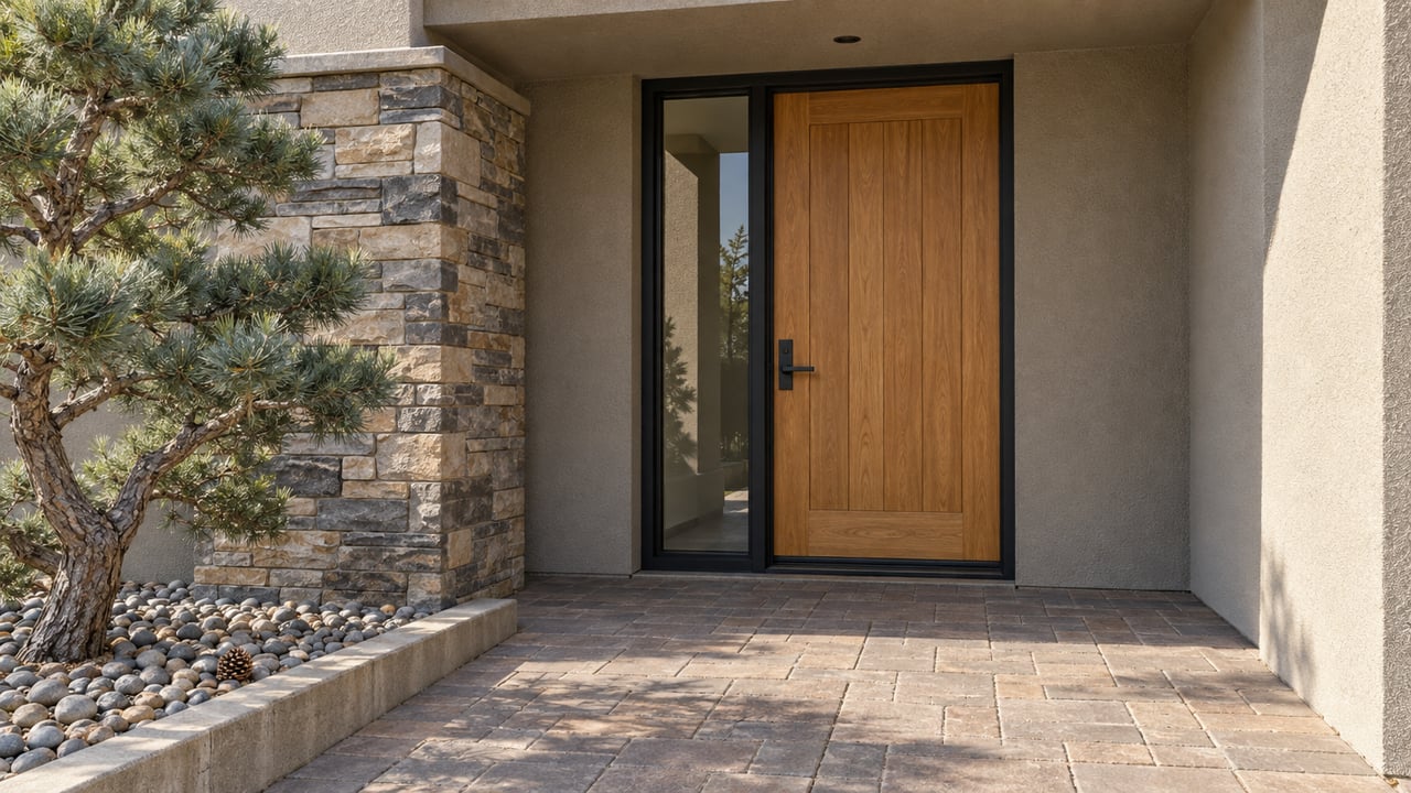 Sunlit greige stucco entry with a wood door, stone pier, paver landing, and a sculptural singleleaf pine.