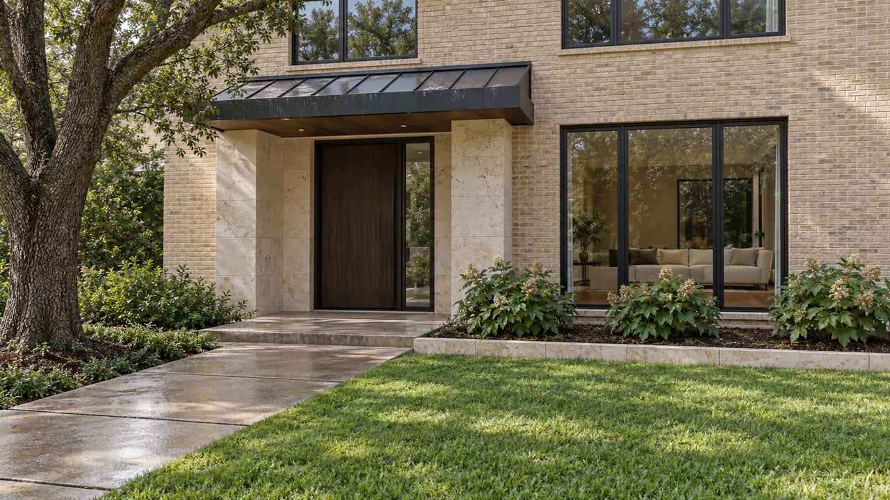 Pale brick home with a limestone entry, dark wood door, tall black-framed windows and a broad walk across an established lawn.