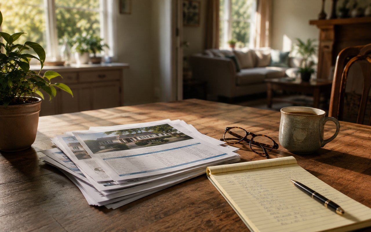 A homeowner reviewing rental property tax documents and a depreciation schedule at a kitchen table