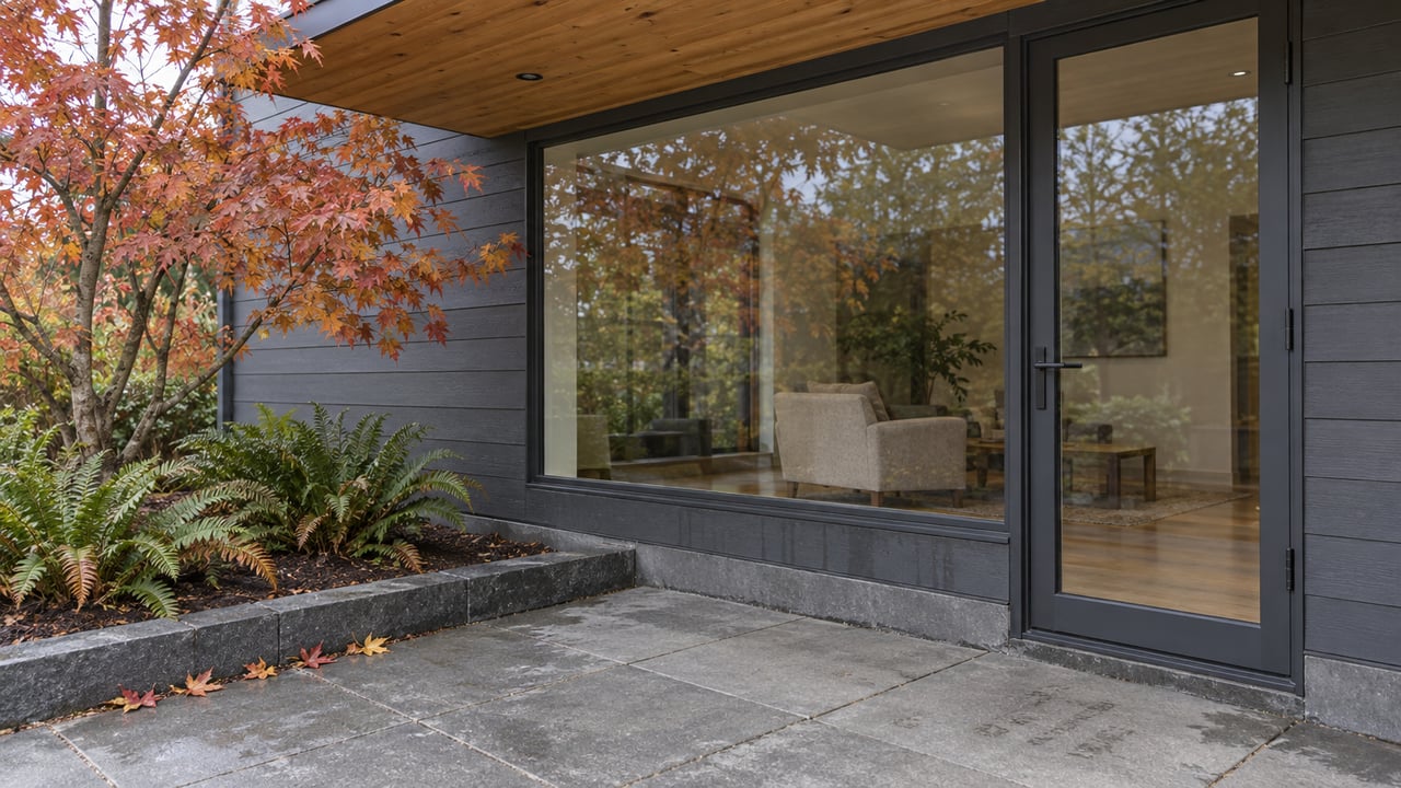 Covered terrace with wood soffit, dark-framed glazing and gray paving beside an autumn maple and sword ferns.