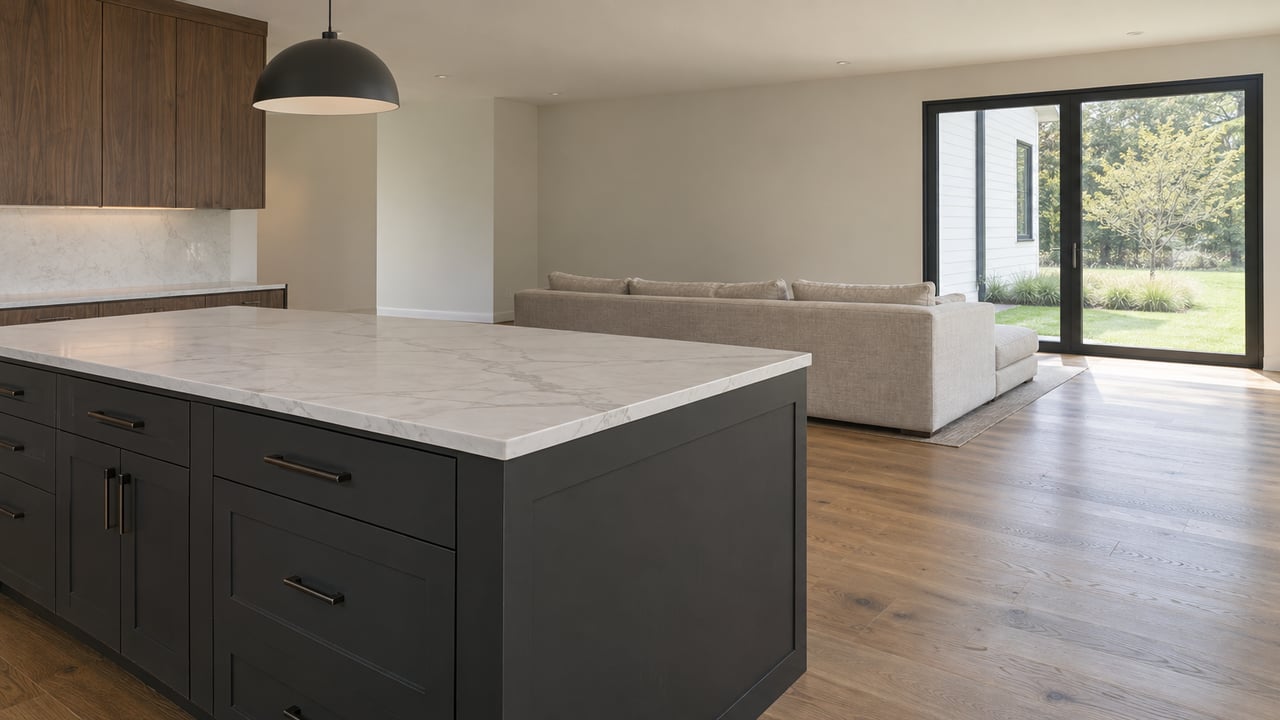 Kitchen island with charcoal cabinets and veined white countertop, overlooking an oatmeal sofa and glazed rear door.