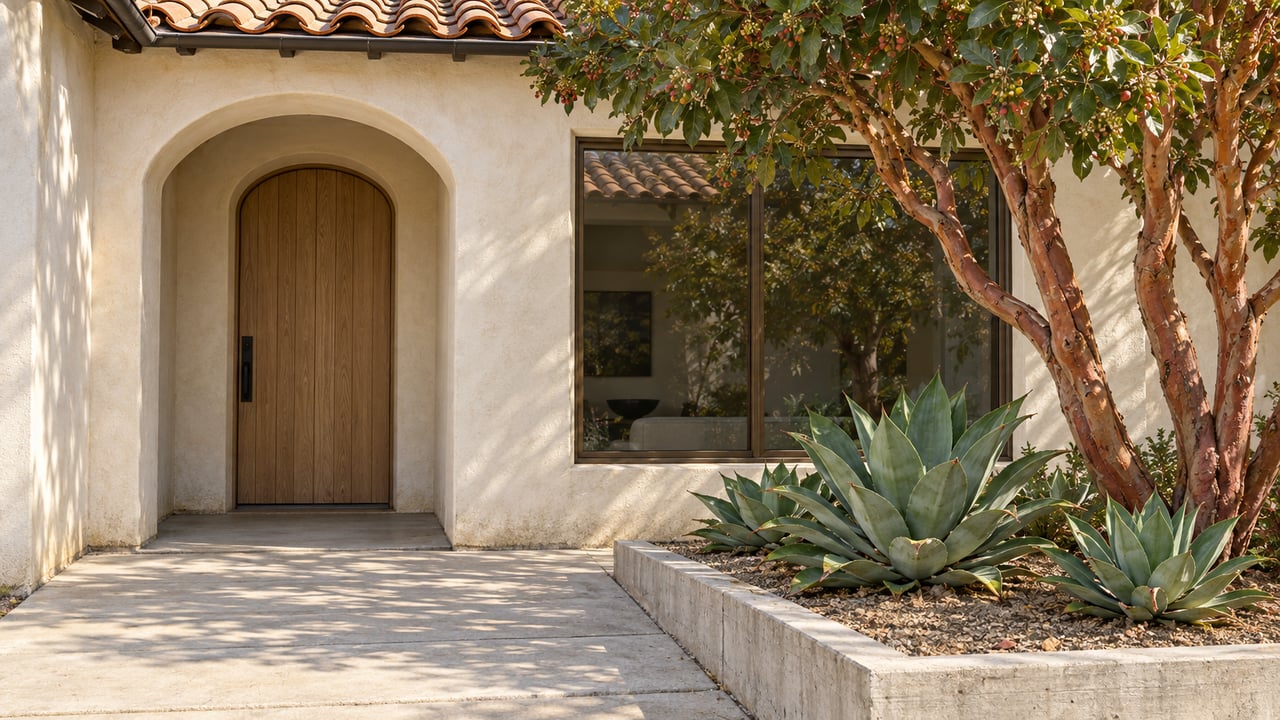 Sunlit stucco entry with a sheltered oak door, terracotta roof tiles and a raised bed of strawberry tree and agaves.