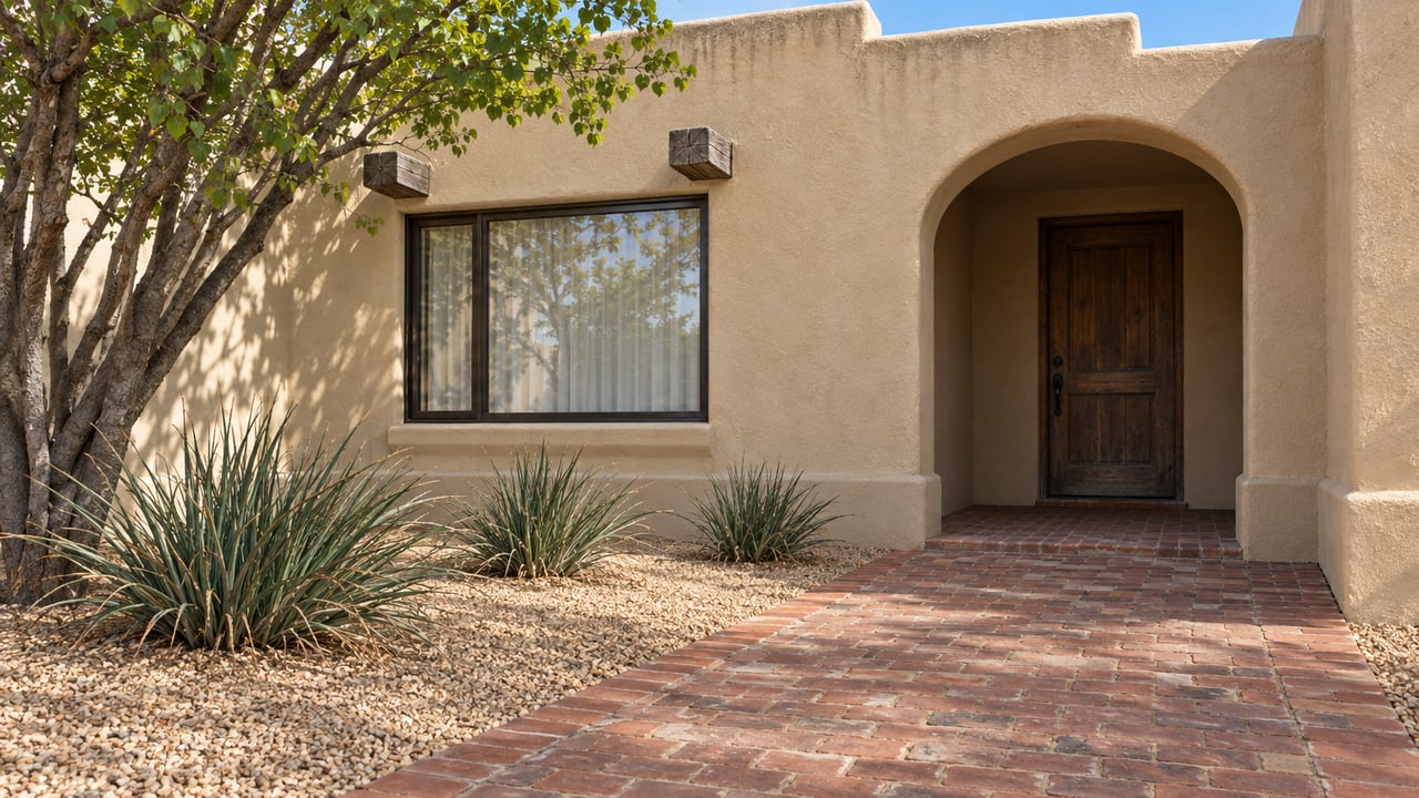 Sand-colored stucco home with a shaded arched entry, brick front walk, redbud tree and carefully spaced desert planting.