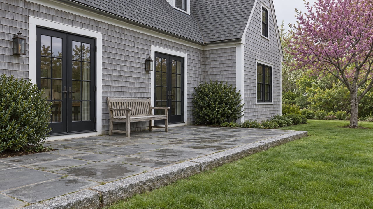 Weathered gray-shingle house with black French doors opening onto a bluestone terrace beside a lawn.
