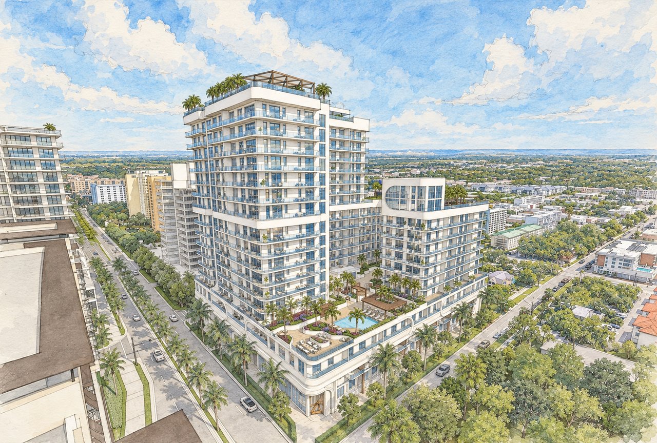 Saravela Sarasota condominium tower with balconies, rooftop palms, and a landscaped pool terrace.