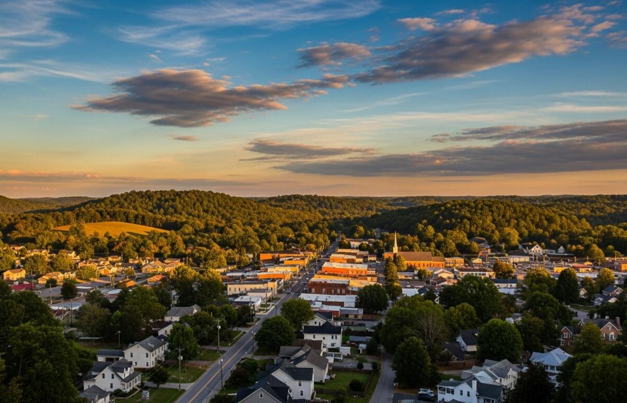 Aerial view of a small town among wooded hills at golden hour.
