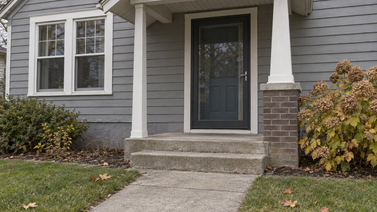 Gray clapboard cottage entry with a glazed storm door, tapered porch post, worn concrete steps and autumn planting.