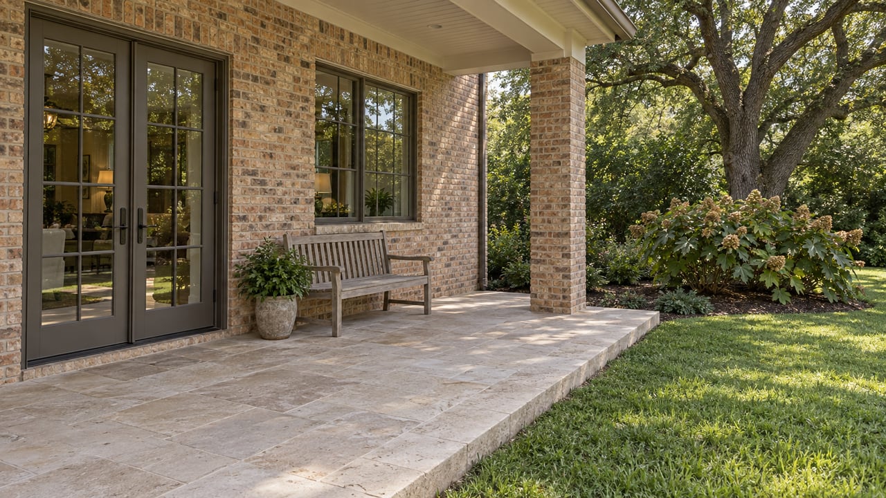 Covered limestone patio beside a buff-brick home, with bronze-framed glass doors, a teak bench, and a shaded lawn beneath a mature live oak.