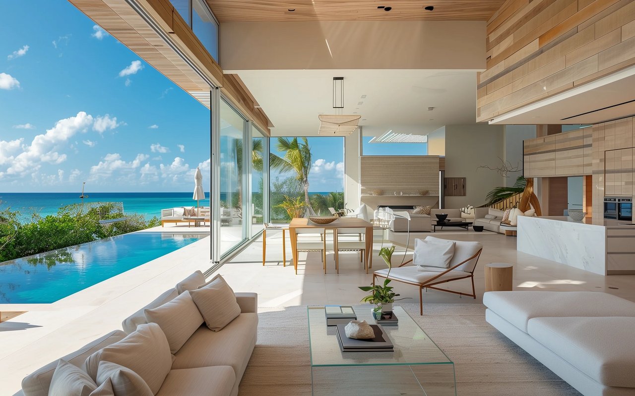 Modern open-plan living room with wood ceilings, an infinity pool, and ocean views.
