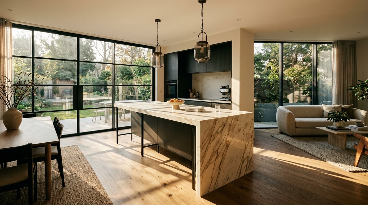 Open-plan kitchen with a white quartz waterfall island, brass pendant lights, and glass doors overlooking a red-leaved Japanese maple.