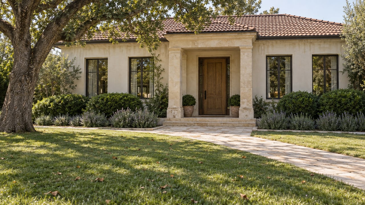 Detached stucco home with a recessed timber entrance, pale-stone path, lawn, and mature oak.
