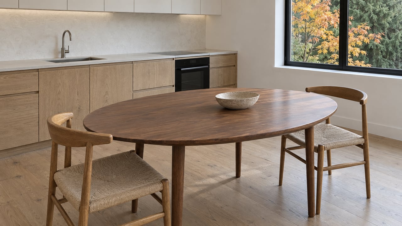 Daylit kitchen and dining room with white-oak cabinetry, a walnut table, two woven-seat chairs and autumn leaves outside a black-framed window.