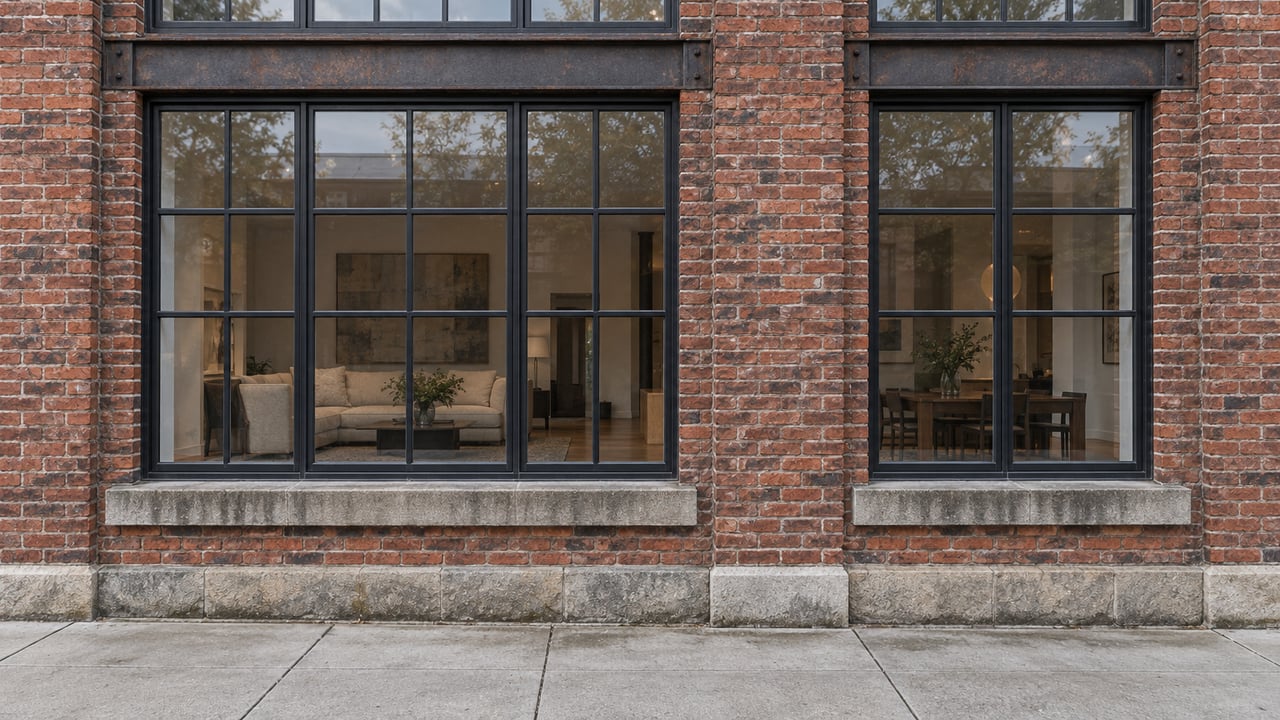 Tall black-framed loft windows in weathered red brick above limestone sills and a concrete sidewalk.