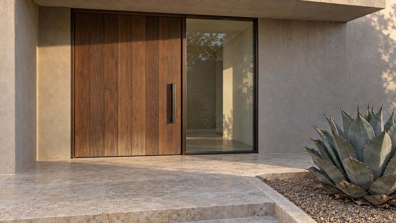 Sunlit plaster and walnut home entrance with a limestone landing and blue-gray agave in a recessed gravel bed.