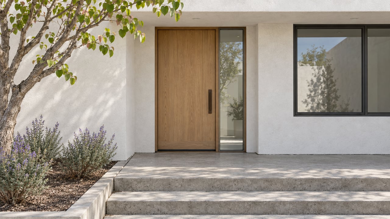 Contemporary stucco entry with a pale wood door, dark-framed glazing, worn concrete steps and a redbud beside a planted bed.