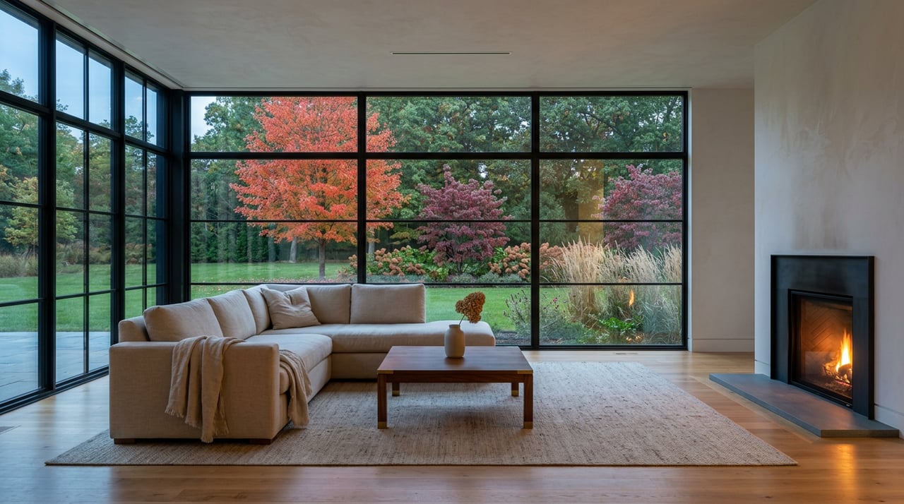 Living room with a lit hearth, oatmeal sofa, walnut coffee table, and scarlet-orange autumn trees beyond the windows.